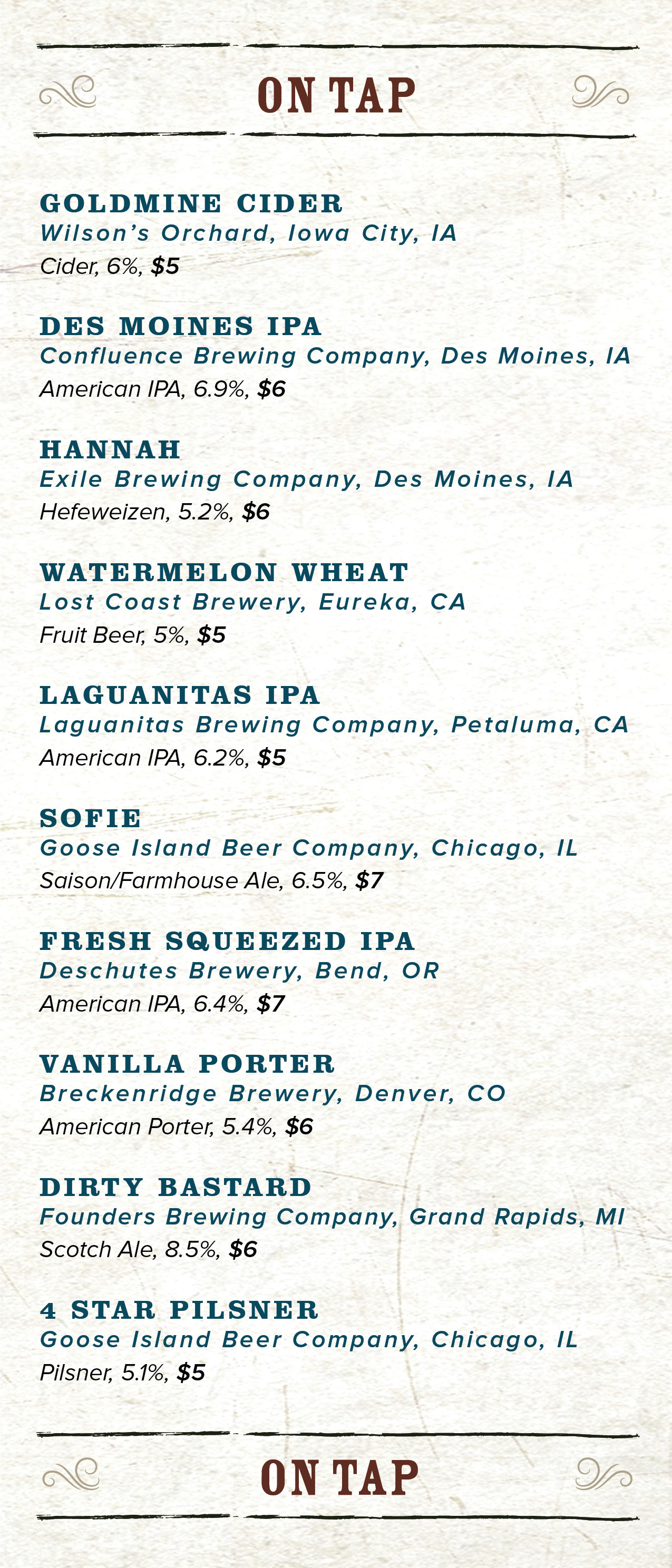 Noble Oak Beverage Menu